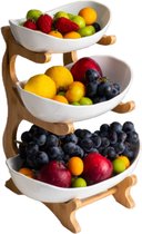 Fruitschaal - Keramisch - 3 Laags - Wit - Fruitmand - Ruimte besparend - Keuken - Decoratief - Multifunctioneel - Hout - Bamboe - Fruit etagère - H33 x B13,5