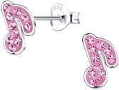 Joy|S - Zilveren muzieknoot oorbellen - 7 x 9 mm - roze kristal - muziek noot oorknoppen