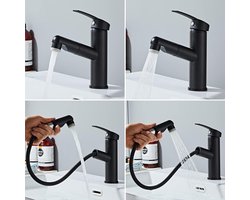 Badkamerkraan met uittrekbare wastafelkraan met 2 straalsoorten Mengkraan Geschikt voor opzetwastafels Warm Koud Mengkraan (Uitschuifbare douche zwart)