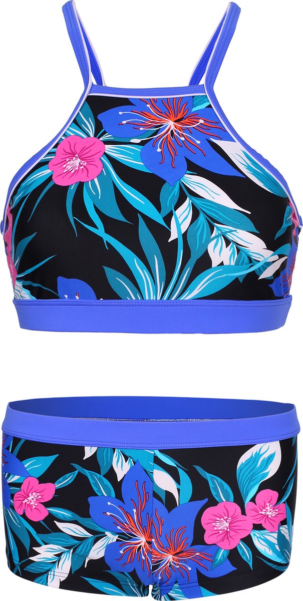 Bikini hipster broekje en crop top met racerback - Tropical flower bali 152-158