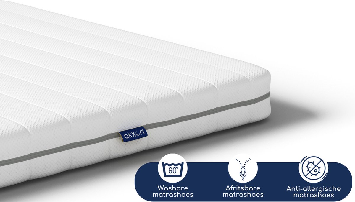 Akkon® Topper Matras 90x220 - 7 cm dik | Koudschuim Topdekmatras - Premium Tijk Wit