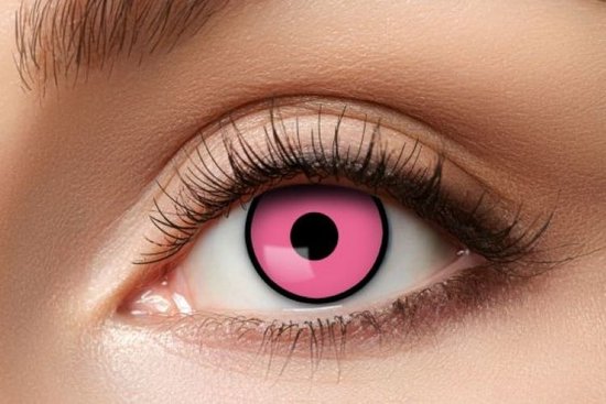 Roze kleurlens met een zwarte pupil en zwarte rand op een oog.