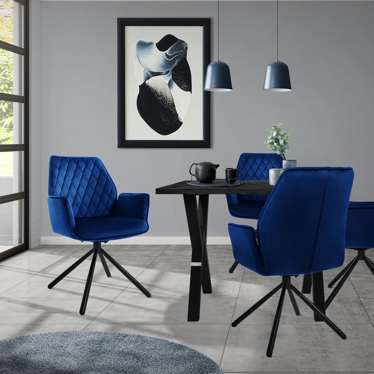 EUGAD Eetkamerstoelen, draaibaar, set van 4, voor eetkamer, keuken, woonkamer, keukenstoelen, gestoffeerd, met fluwelen rugleuning, metalen poten, 150 kg belastbaar, zwart
