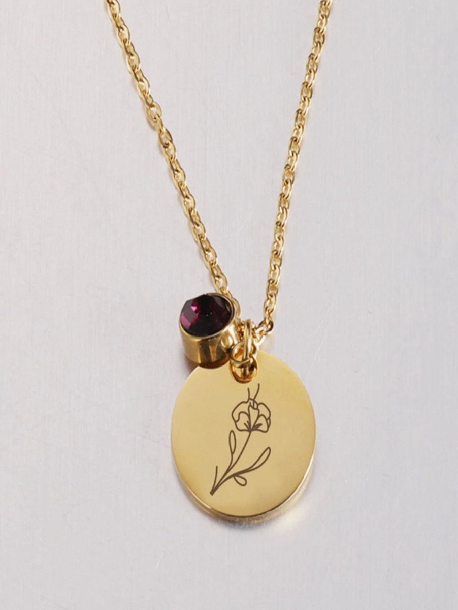 Goedkoopste Ketting - Geboortesteen - Geboortebloem - Birthstone - Birthflower - Roestvrij Staal - Gold Plated - Februari