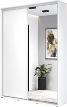 Hoge kledingkast met 2 schuifdeuren - Kledingkast met spiegel - 150x242x45 cm - Wit - Aluminium handgrepen - Interieur met planken en roede - Hoge kwaliteitsgarantie