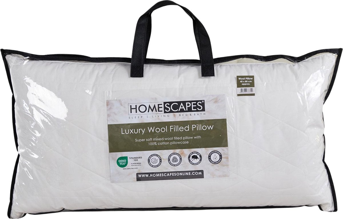 Homescapes Schapenwol hoofdkussen 40x80 cm - medium-zacht kussen met wollen vulling & gewatteerde hoes Creme