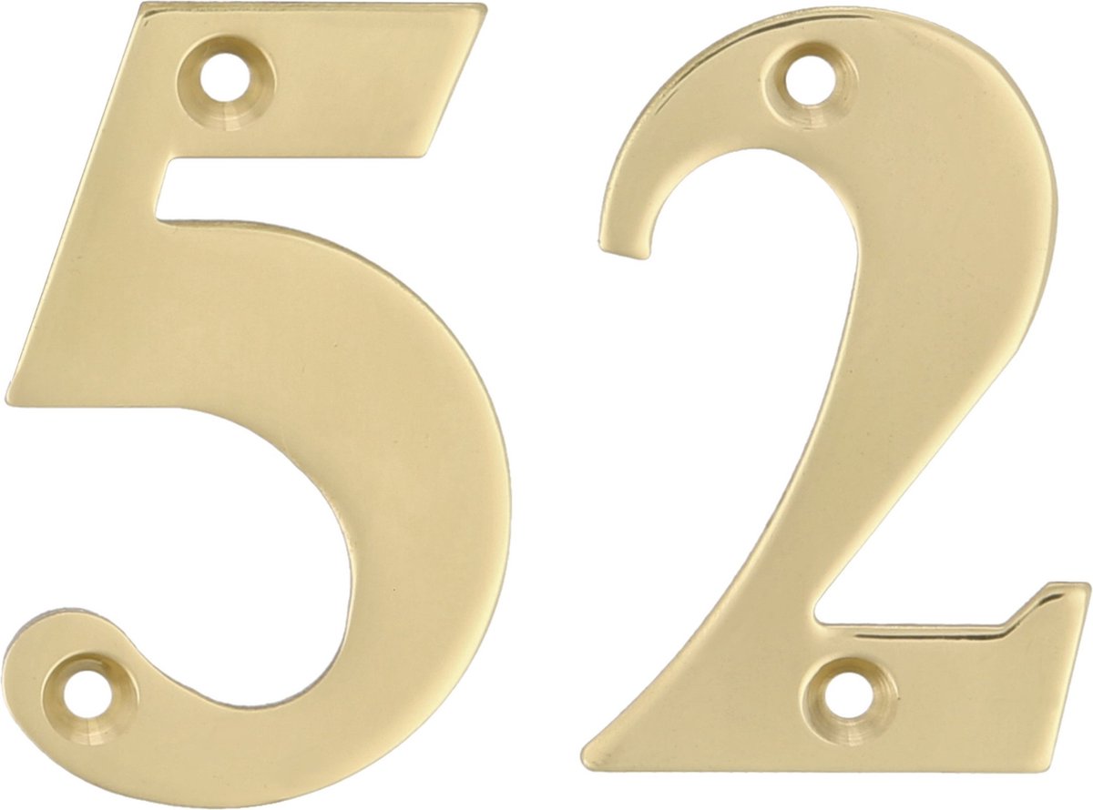 AMIG Huisnummer 52 - massief messing - 10cm - incl. bijpassende schroeven - gepolijst - goudkleur