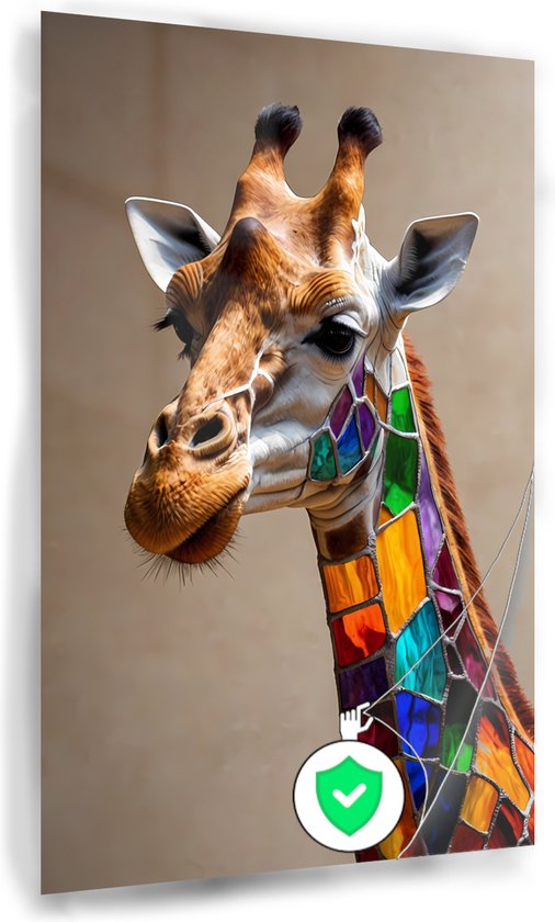 Giraffe glas-in-lood poster - Dieren poster - Poster giraffe - Poster vintage - Slaapkamer posters - Wanddecoratie - 50 x 70 cm