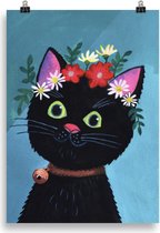 Kat Poster Grappig | Kattenposter | Cadeau voor Katten liefhebber | Frida Kahlo Kitten Wall Art Print | 30x40 cm | Kleurrijke Schattige Zwarte Kat met Bloemen kroon Wanddecoratie