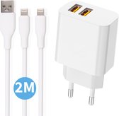 Duo USB Oplader met 2x Oplader Kabel - 2 Meter - 2.1A Snellader - Geschikt voor iPhone en iPad