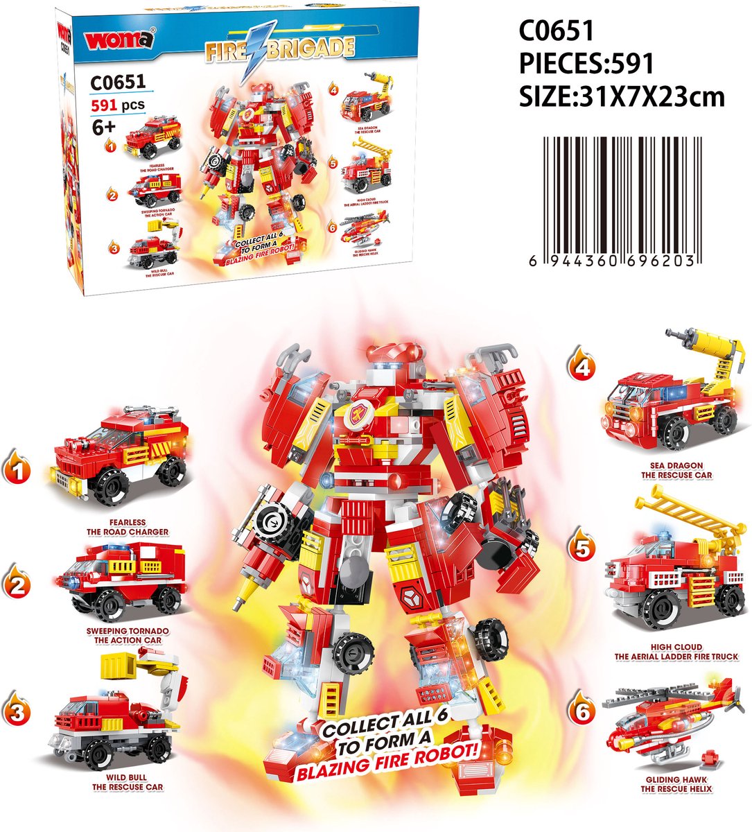 Woma - Fire Brigade 6 in 1 Bouwset - Brandweer Reddingsrobot - Brandweer Bouwpakket - Bouwblokken - Branweerwagen Bouwset - Compatibel met Lego bouwstenen - 591 Stuks