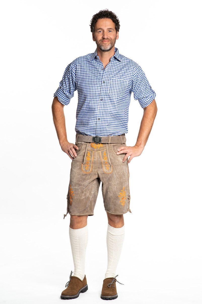 Tannhauser Lederhosen Gaudi Kort 100% Echt Leder Oktoberfest Heren Lederhosen Man Carnavalskleding Heren - Bruin/oranje- Leer- M