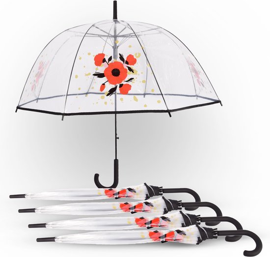 Set van 5 Transparante Automatische Opvouwbare Koepelparaplu’s met Haak | Voor Valentijnsdag - Romantisch Cadeau voor Haar met Bloemen Design | 86cm Diameter