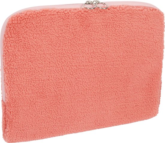 Housse d'ordinateur portable en peluche teddy rose fermée avec double fermeture éclair.