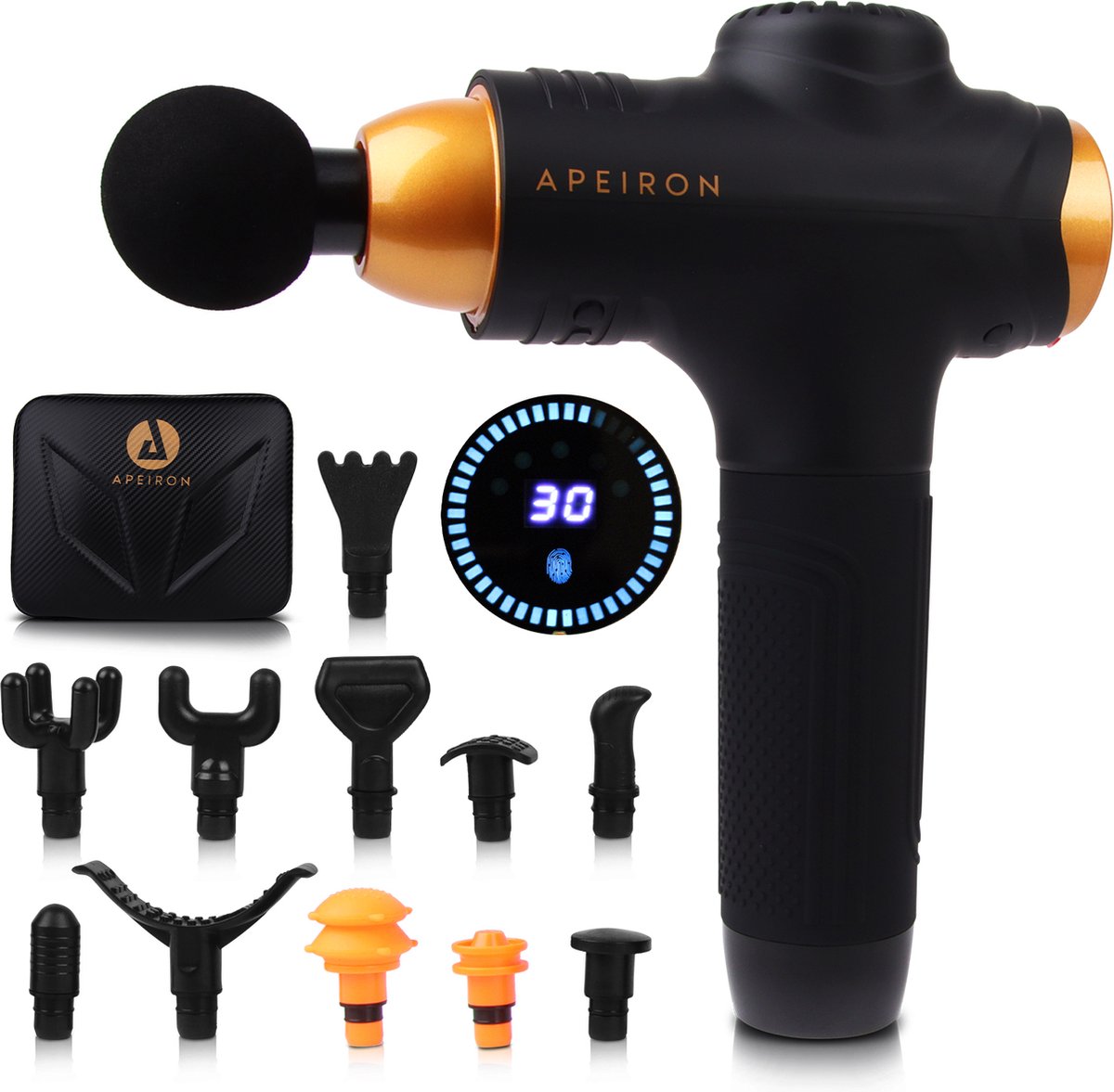 Apeiron Massage Gun – Massage Apparaat – Massage Pistool – Theragun - Massagegun Professioneel – 30 Snelheidsstanden – 12 Opzetstukken – Touchscreen - 3300 mAh - Zwart & Goud - Gratis E-book
