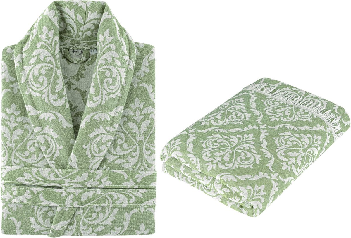 Combi Deal: Set van Trimita Barok - Badjas en Hamamdoek (Bestaande uit Badjas en Hamamdoek) - 100% Turks Katoen - Zacht, Licht en Handgemaakt - Perfect voor Thuis, Sauna of Spa - Groen - Maat S/M