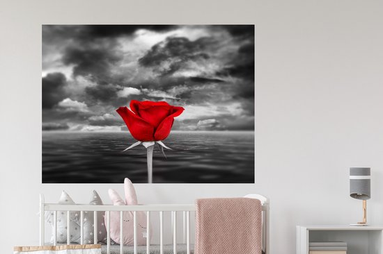 Sticker Muursticker Rouge noir blanc - Photo Zwart et blanc de rose rouge, contre mer et ciel nuageux - 120x90 cm - film adhésif autocollant - sticker mural repositionnable