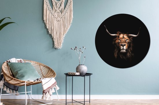 WallCircle - Wandcirkel ⌀ 90 - Leeuw - Zwart - Vacht - Ronde schilderijen woonkamer - Wandbord rond - Muurdecoratie cirkel - Kamer decoratie binnen - Wanddecoratie muurcirkel - Woonaccessoires