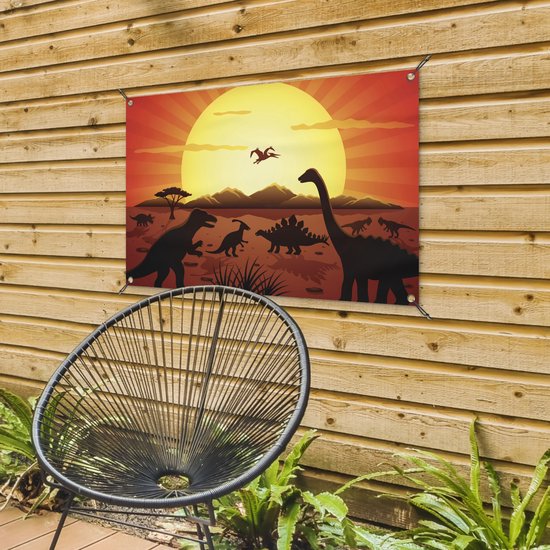 Posters de jardin extérieur Dino - Soleil - Nature - Dessin - Enfants - Garçons - 90x60 cm - Toile jardin - Affiche extérieure
