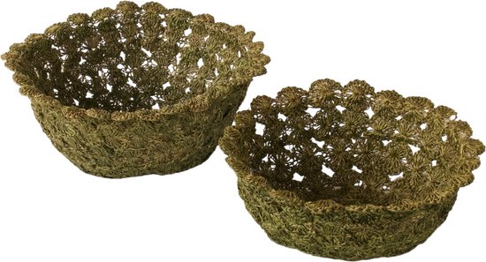 WinQ Mand s/2 stuks Abaca Bloem d:25cm en d:20cm- In de kleur Groen- Decoratiemand- Fruitmand- broodmand-mand voor planten