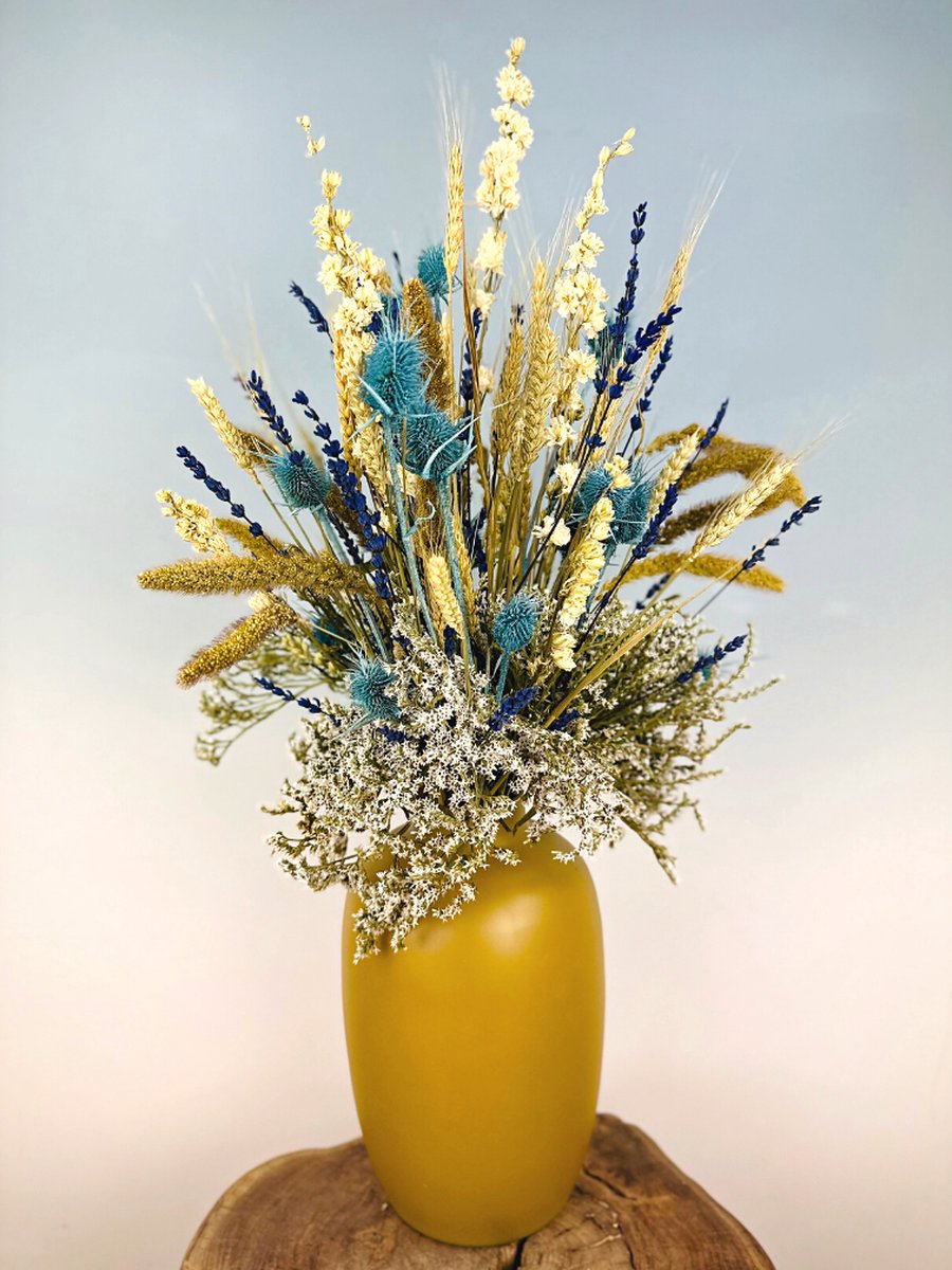 Droogbloemen boeket "Frozen Blue" - inclusief vaas | 70cm | Schitterend & kleurrijk boeket | Perfect voor elk interieur