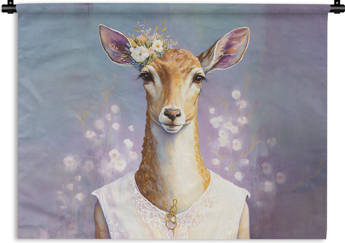 Wandkleed - Wanddoek - Hert - Bloemen - Verf - Portret - Dieren - 90x67.5 cm - Wandtapijt