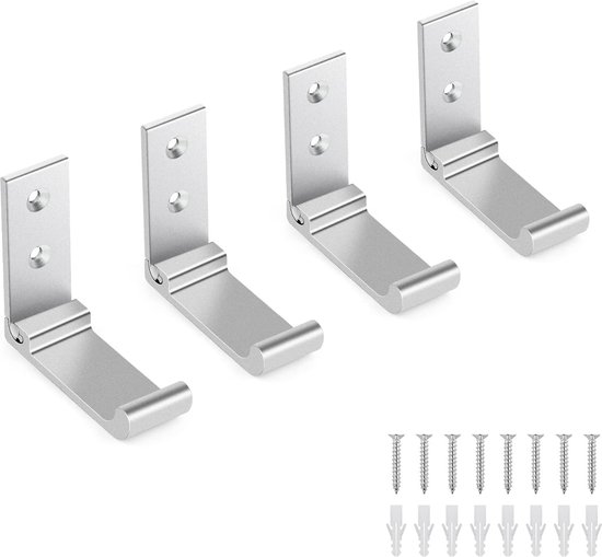 Opvouwbare kledinghaken, 4 stuks wandhaken voor het ophangen van manteldoek, aluminiumlegering, koptelefoonhouder, haken aan de muur gemonteerd met schroeven voor hoed, tassen, fitnessapparaten, zilver