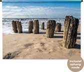 Wandkleed - Wanddoek - Zand - Strand - Paal - Water - Zomer - 180x135 cm - Wandtapijt