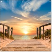 Tuinposter strand - Tuindecoratie zonsondergang - 100x100 cm - Wanddecoratie voor buiten - Schutting decoratie - Buitenposter - Schuttingdoek - Tuindoeken - Tuin doek - Balkon poster