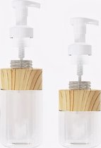 Set van 2 Pompflessen, 500/300 ML, zeep dispenser met kunststof en bamboe, navulbare shampoo fles.