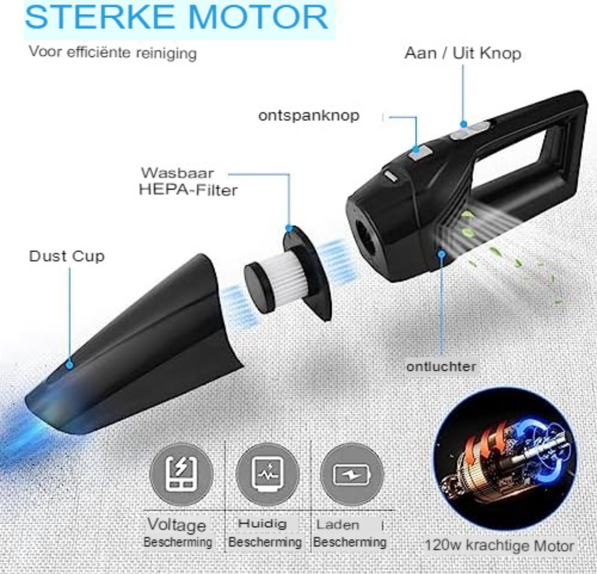9000Pa Snoerloze Handheld Vacuum Cleaner 120W Zwart - afbeelding 2