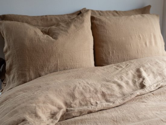 Linen Label - dekbedovertrek de couette en lin lavé durable 100% européen - 240 x 220 cm avec 2 taies d'oreiller 60 x 70 cm - Marron camel