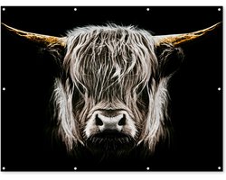 Muurdecoratie buiten Schotse hooglander - Goud - Hoorns - Zwart wit - Koe - Dieren - 160x120 cm - Tuindoek - Buitenposter Muurdecoratie buiten Schotse hooglander - Goud - Hoorns - Zwart wit - Koe - Dieren - 160x120 cm