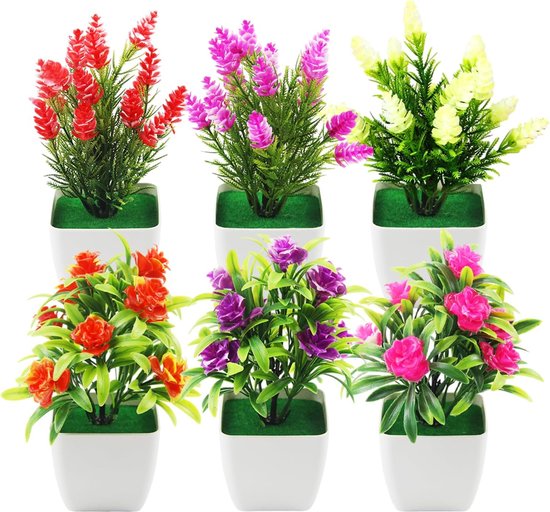 6 pcs Fleurs Artificielles en Pot, Mini Plantes Artificielles, 18 cm, avec Pot, Plastique, Fleurs Artificielles, Vraiment Décoratives pour Chambre, Balcon, Bureau à Domicile
