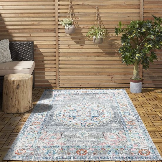 Flycarpets Sena Vintage Grijs / Multi Buitenkleed Vloerkleed - Buitentapijt - Campingkleed - Picknickkleed - Tuintapijt - 240x340 cm