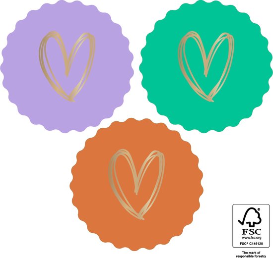 Drie ronde stickers met gouden hartjes op een paarse, groene en oranje achtergrond. De stickers hebben een gekartelde rand en een FSC-logo.