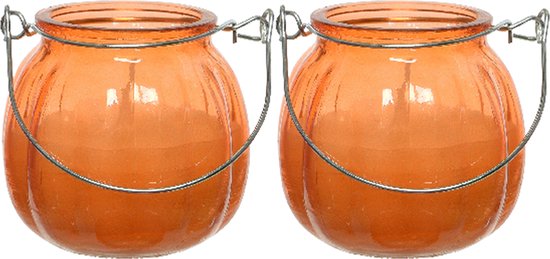 Decoris citronella kaarsen - 2x - in gekleurd glas - 15 branduren - 8 cm - oranje