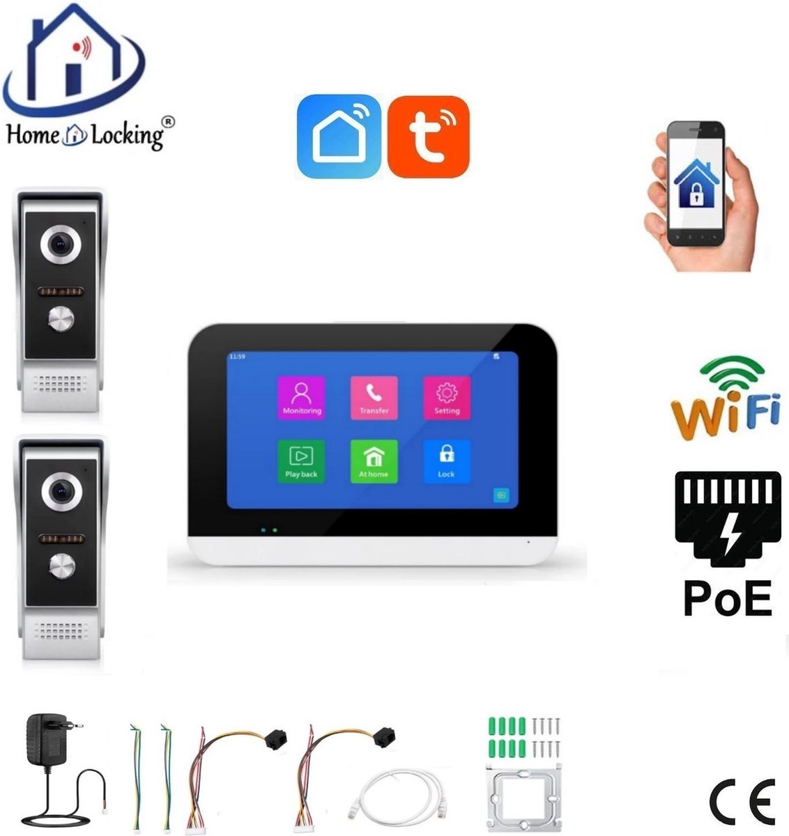 Smart WIFI deur intercom 2 videodeurbellen en 1 touchscreen. T-2301-2-1