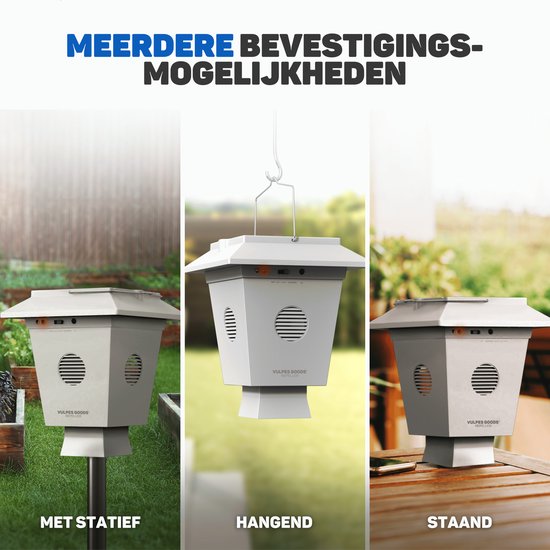 Drie manieren om de "Vulpes Goods Repeller" te bevestigen: met statief in de grond, hangend, of staand op tafel.