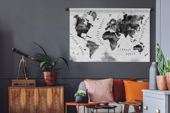 Tapisserie - Wereldkaart - Aquarelle - Zwart - Wit - 120x80 cm - Tapisserie