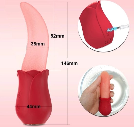 Rode tongvibrator in roosvorm met afmetingen. Close-ups tonen de oplader en de vibrator onder water.
