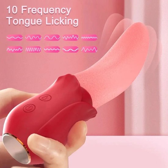 Rode tongvibrator met roosvormige basis, vastgehouden door een hand. Tekst: "10 Frequency Tongue Licking" met vibratiegolven.
