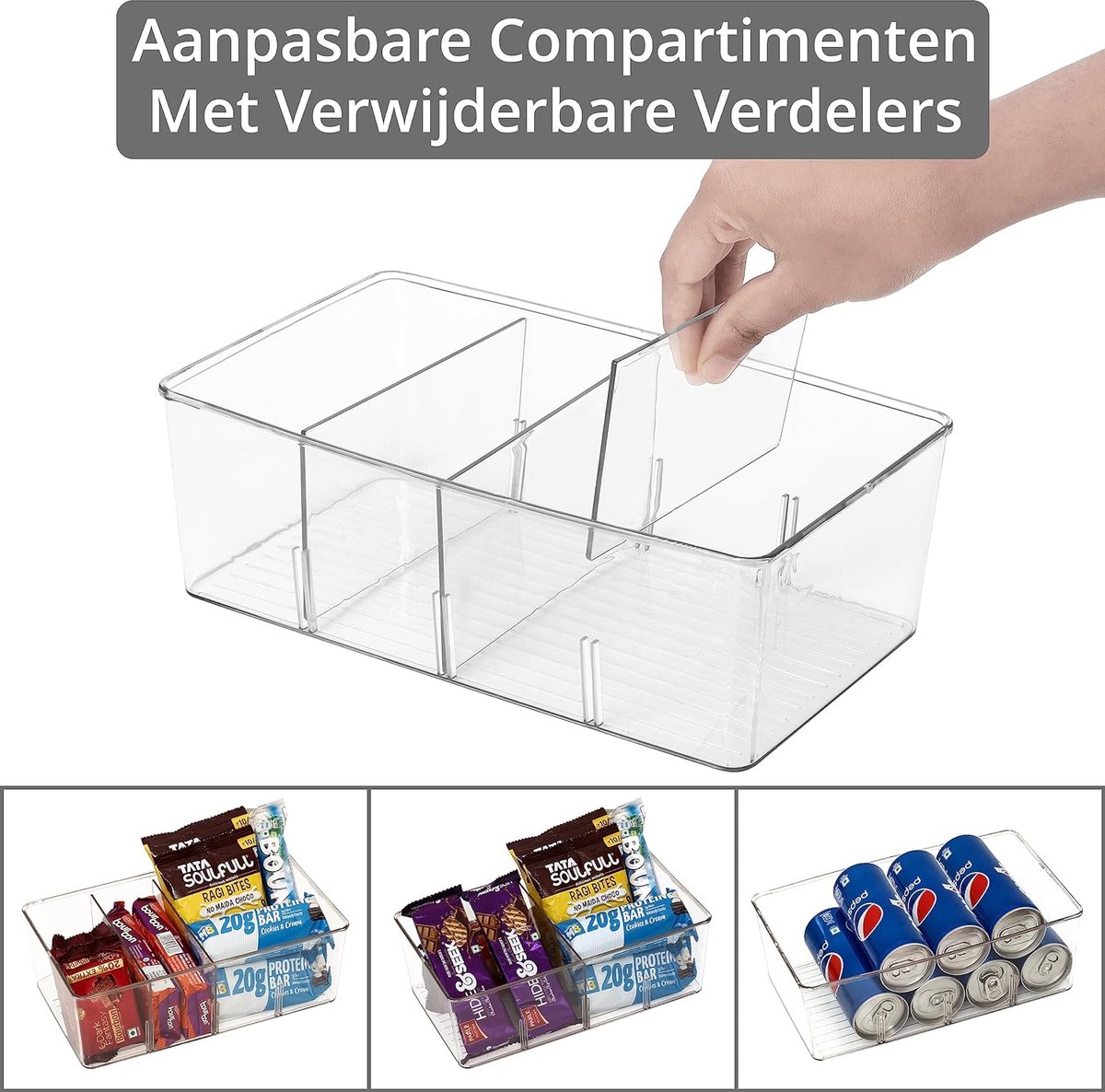 Voedsel Opslag Organizer Bakken [5 Pak] - Kelder Organisatie en Opslagcontainers voor Snack, Blikjes, Drankjes - Doorzichtig Koelkast Bakken met 4 Compartimenten, Verwijderbare Verdelers