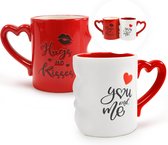 Koffiekopjes kussende mokken set liefdespaar in geschenkdoos mok met spreuk "You and Me" partnermokken in rood/wit romantisch cadeau voor Valentijnsdag bruiloft koppels vrienden ca.