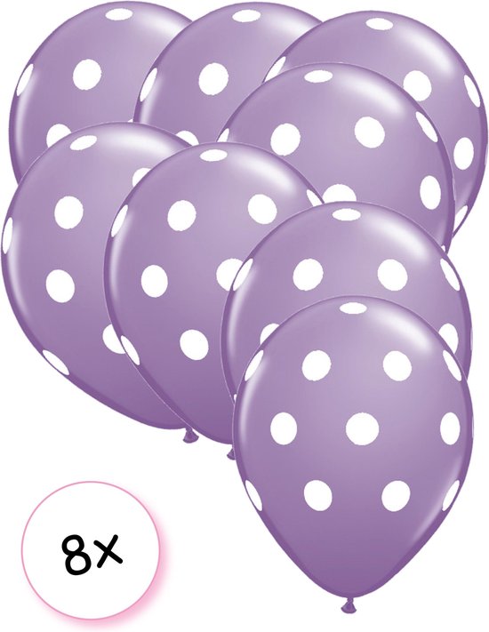 Ballonnen dots paars - wit 8 stuks 30 cm