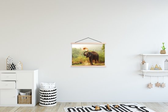 Posterhanger incl. Poster 60x40 cm - Schoolplaat - Olifant - Dieren - Bos - Bomen - Textielposter - Blanke latten