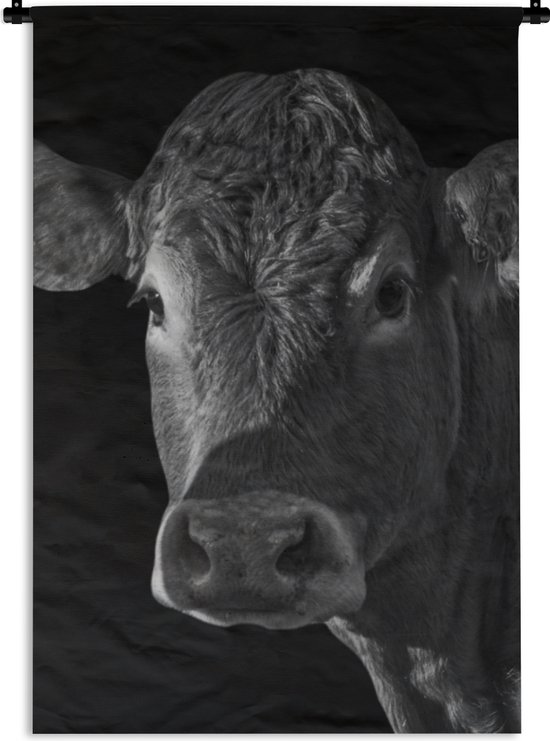 Wandkleed - Wanddoek - Koe - Dieren - Zwart - Wit - Portret - 60x90 cm - Wandtapijt