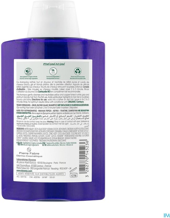 Klorane Haar Centaurée AntiYellow Shampoo Wit/Grijs Haar 200ml bol