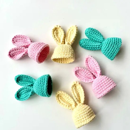 Hoooked Gehaakte Handmade Handgemaakt Pasen Paashaas Eierwarmers - set van 3 - roze geel groen - decoratie - tafelen - ontbijt - gehaakt