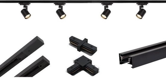 Railverlichting - zwart complete set 1.5meter 4 spots - inclusief hoekstuk en verbinder